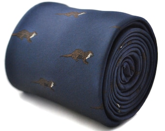 Navy tie with otter design with signature floral design to the rear by Frederick Thomas FT1800