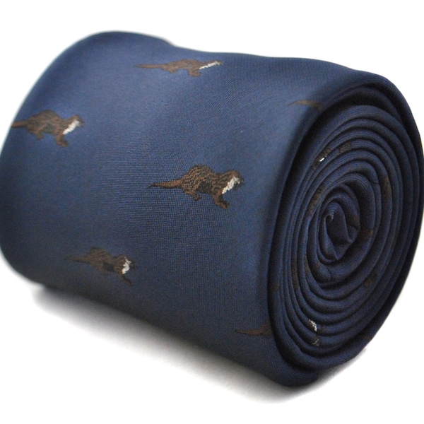 Navy tie with otter design with signature floral design to the rear by Frederick Thomas FT1800