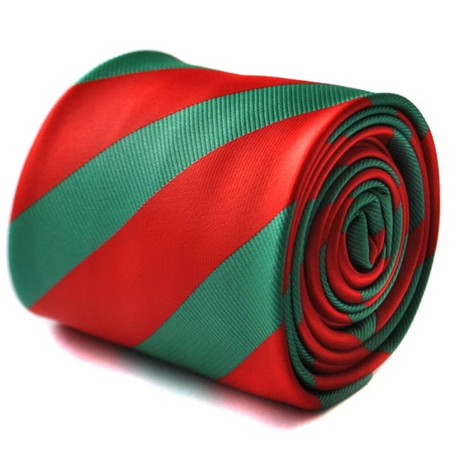 Red and dark green barber striped tie with floral design to the rear by Frederick Thomas FT1721