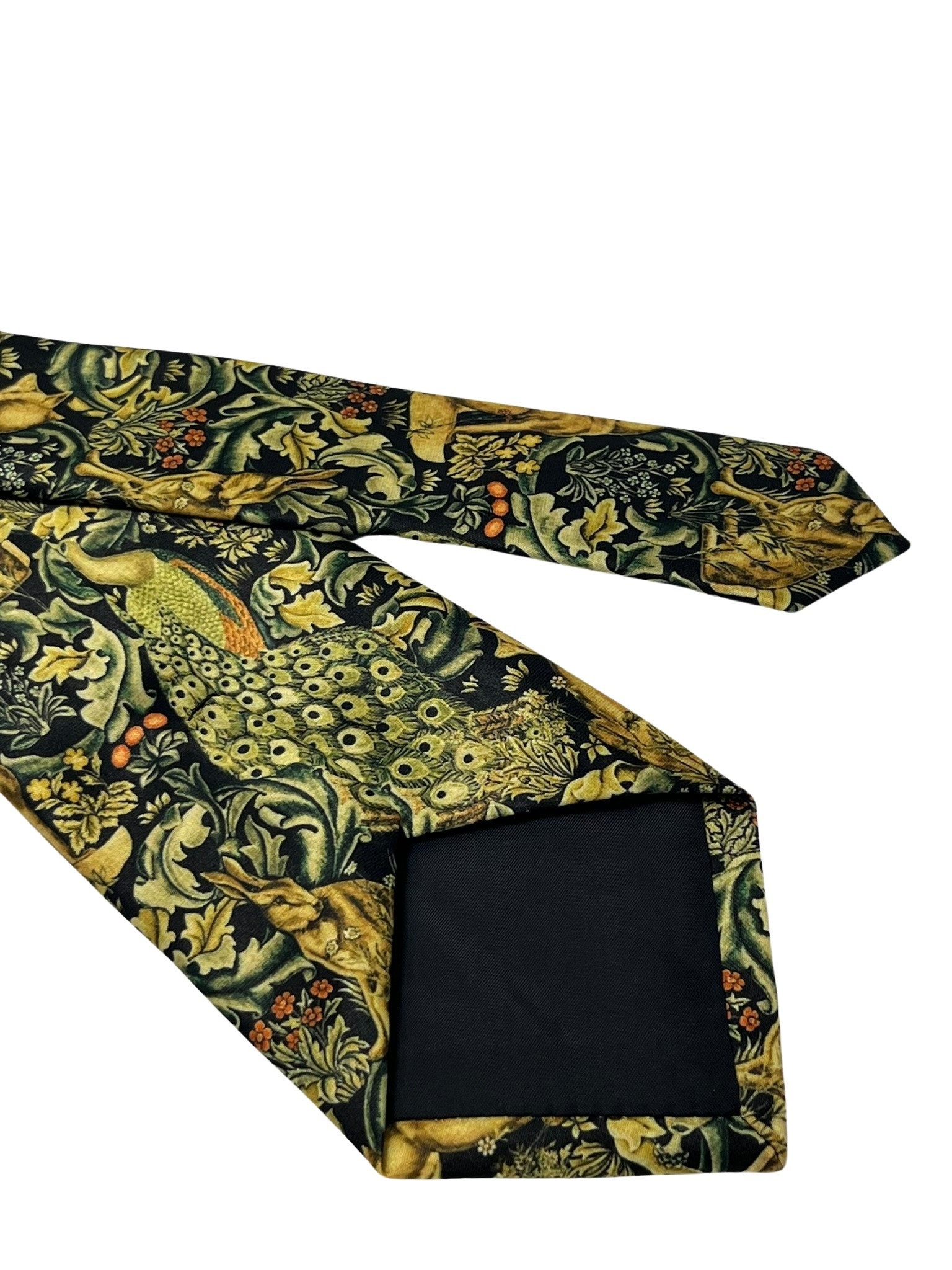 Frederick Thomas cravatta nera con pavone, lepre, coniglio, stile liberty del bosco - Italia