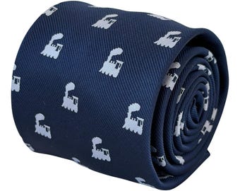 Navy Blue Steam Train Tie, Locomotive Railway Necktie, Train Lover Gift for Him, Railway Enthusiast Dad Gift – Frederick Thomas London