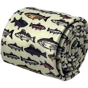May include: A green silk tie with a repeating pattern of various types of fish in black, brown, and orange.