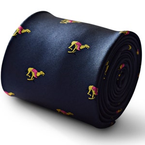 May include: A dark blue silk tie featuring a repeating pattern of yellow camels wearing pink jockey silks.