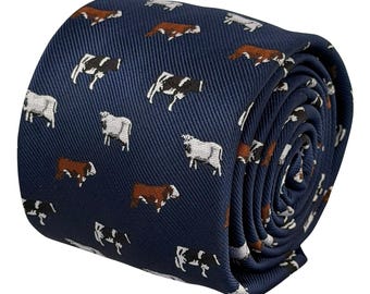 Cow Tie, Navy Blue Cattle Necktie, Holstein Friesian Hereford Farm Animal Tie, Farmer & Dairy Farming Gift – Frederick Thomas London