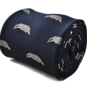 Navy tie with badger design with signature floral design to the rear by Frederick Thomas FT1798
