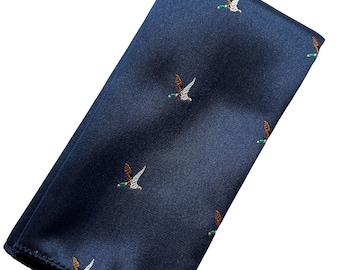 Frederick Thomas navy pocket square with flying duck hunting bird embroidered design