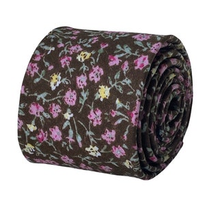 Frederick Thomas brown with pink floral design mens classic width 100% cotton tie