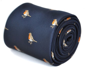 navy blue Christmas tie with robin design with signature floral design to the rear by Frederick Thomas FT1874