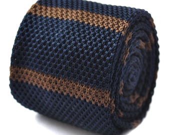 brown and navy blue skinny knitted tie by Frederick Thomas FT1585
