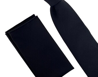 Frederick Thomas matching plain black bamboo mens tie and pocket square necktie handkerchief sustainable material vegan wedding handkerchief