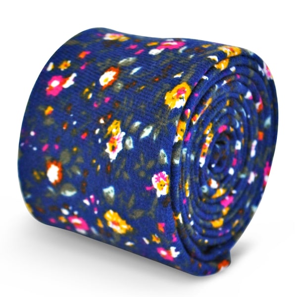 Gravata Frederick Thomas 100% algodão azul com estampa floral FT3107