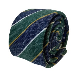 Frederick Thomas classic width blue & green club striped mens linen tie school style