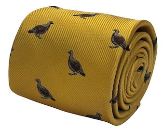 yellow mustard gold tie with patridge quail grouse embroidered design countryside hunting Frederick Thomas