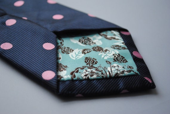 pink tie with blue polka dots