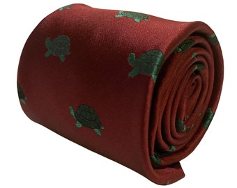 Corbata de hombre color granate, burdeos y rojo oscuro con diseño de tortuga marina de Frederick Thomas.