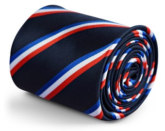 Navy tie with red, blue and white French Flag striped design with signature floral design to the rear by Frederick Thomas FT3254