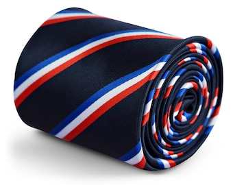 Navy tie with red, blue and white French Flag striped design with signature floral design to the rear by Frederick Thomas FT3254
