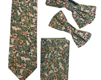 Frederick Thomas sage green light olive stencil english wild-flower floral design matching cotton neck-tie pocket square bow-tie adults kids