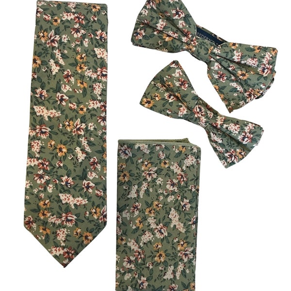 Frederick Thomas sage green light olive stencil english wild-flower floral design matching cotton neck-tie pocket square bow-tie adults kids