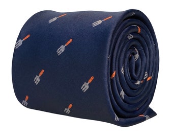 navy mens tie with gardening fork trowel quirky design by Frederick Thomas