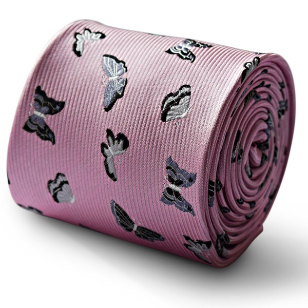 light baby pink tie with silver butterfly embroidered design by Frederick Thomas FT3331