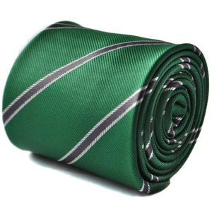 dark green juniper and grey club striped tie with floral design to the rear by Frederick Thomas FT1703