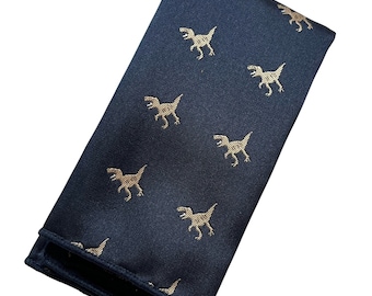 Frederick Thomas navy pocket square with dinosaur t-rex embroidered design
