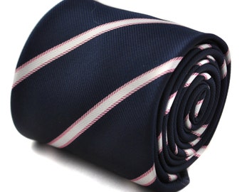 Navy tie with white and pink stripes with signature floral design to the rear by Frederick Thomas FT1756