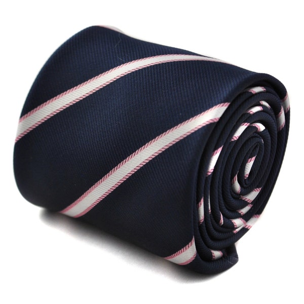 Navy tie with white and pink stripes with signature floral design to the rear by Frederick Thomas FT1756