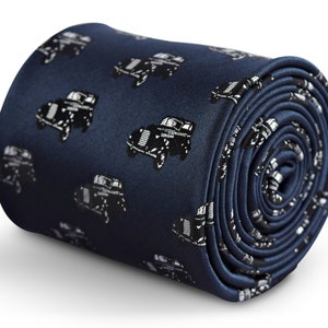 navy tie with classic car embroidered design with signature floral design to the rear by Frederick Thomas FT3266