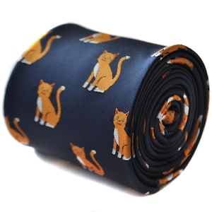 navy tie with ginger cat embroidered design with signature floral design to the rear by Frederick Thomas FT1834