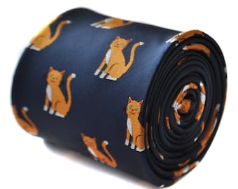 navy tie with ginger cat embroidered design with signature floral design to the rear by Frederick Thomas FT1834