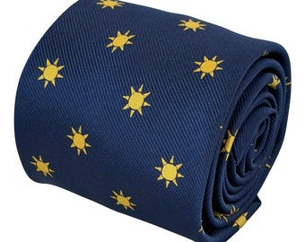 Navy Blue Sunshine Tie, Yellow Sun Necktie, Summer Wedding Tie, Holiday Gift for Him, Cheerful Men’s Tie – Frederick Thomas London