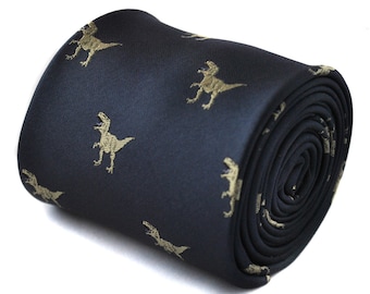 navy tie with dinosaur t-rex embroidered design  by Frederick Thomas FT1527