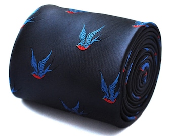 Frederick Thomas navy tie with swallow pattern