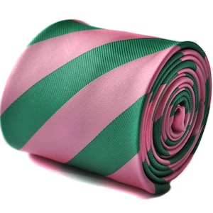 Green and pink barber striped tie with floral design to the rear by Frederick Thomas FT1714