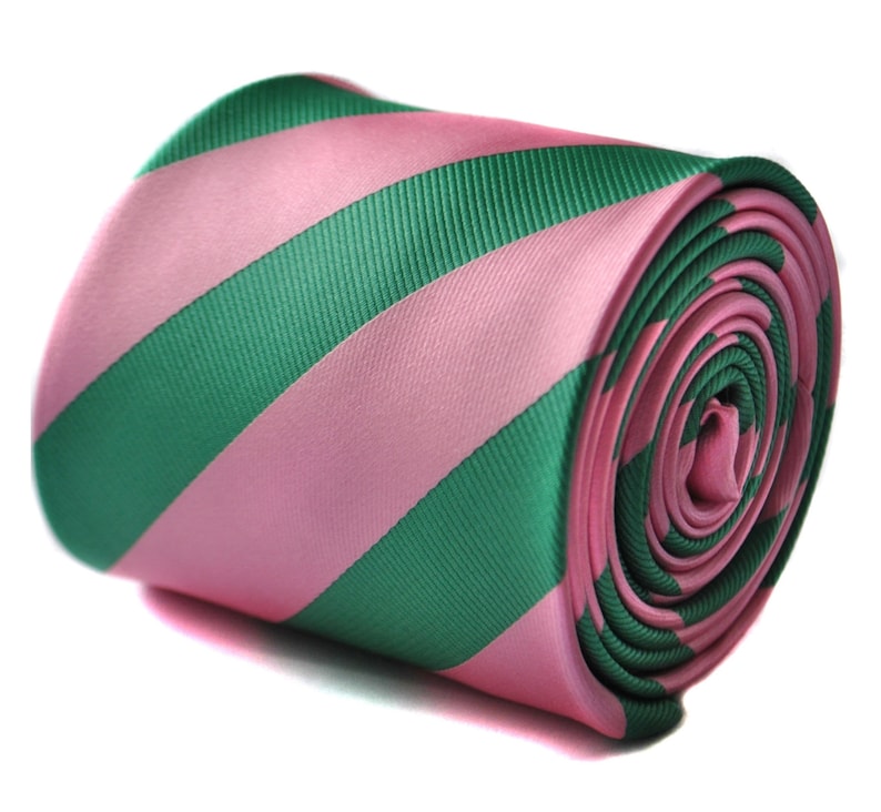 Green and pink barber striped tie with floral design to the rear by Frederick Thomas FT1714 image 1