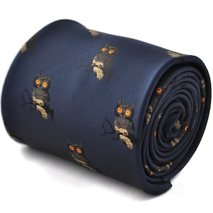 Navy tie with owl design with signature floral design to the rear by Frederick Thomas FT1794