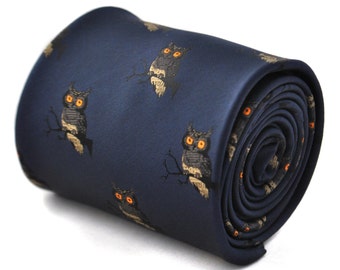 Navy tie with owl design with signature floral design to the rear by Frederick Thomas FT1794