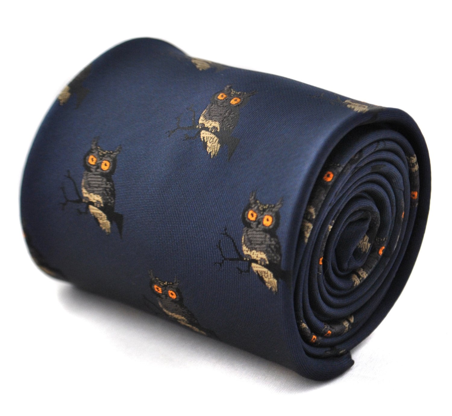 Navy tie with owl design with signature floral design to the rear by Frederick Thomas FT1794