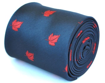 navy blue tie with canadian maple leaf design with signature floral design to rear by Frederick Thomas FT1921