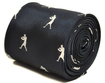 navy blue tie with boxing silhouette design with signature floral design to the rear by Frederick Thomas FT2159