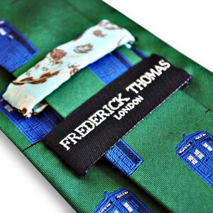 green tie with blue policeman tardis box embroidered design with signature floral design to the rear by Frederick Thomas FT3227 image 3
