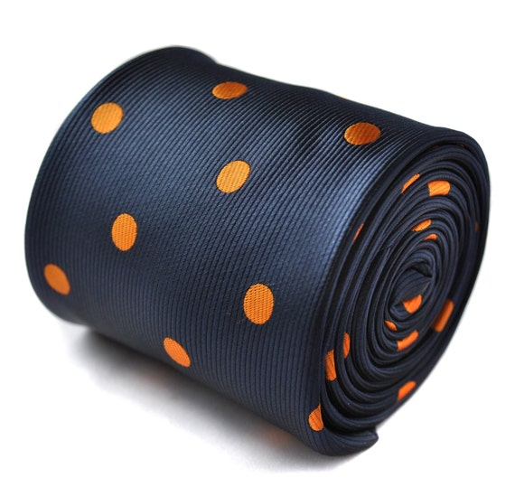Cravate Homme Frederick Thomas En Soie Tricotée - Bleu Marine à Pois Rouges - Modèle Skinny Fait Main Au Royaume-Uni