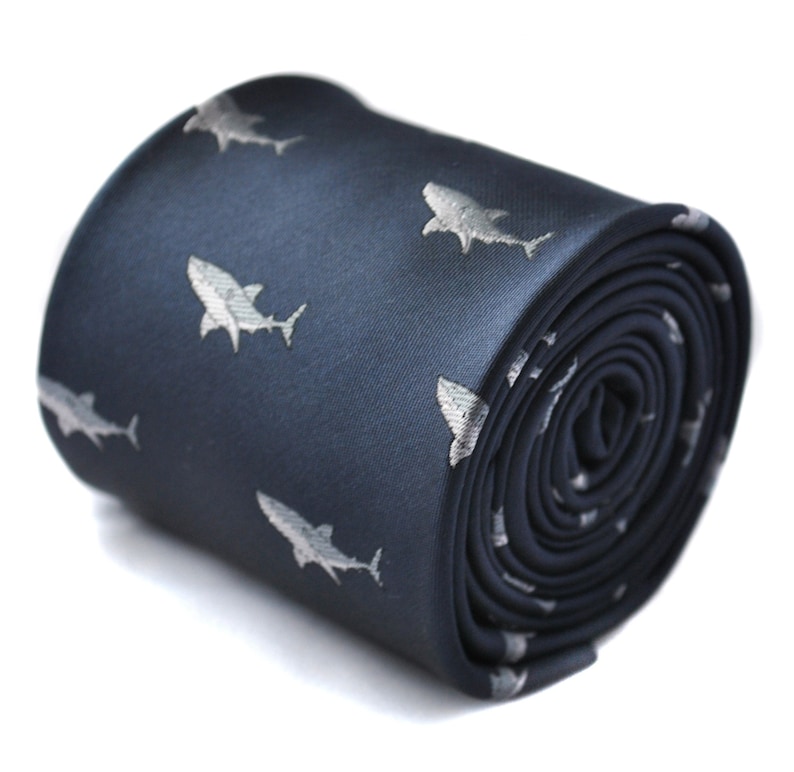 navy tie with shark embroidered design by Frederick Thomas FT1566 image 1
