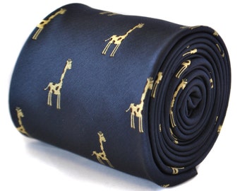 navy blue tie with giraffe embroidered design with signature floral design to the rear by Frederick Thomas FT2103