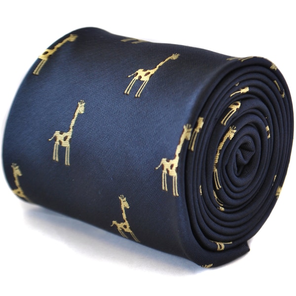 navy blue tie with giraffe embroidered design with signature floral design to the rear by Frederick Thomas FT2103