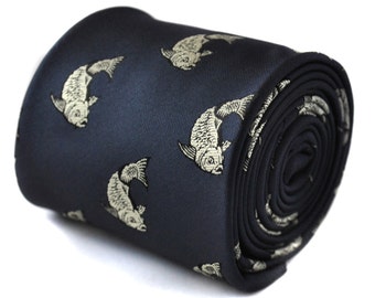 navy tie with koi carp tattoo embroidered design with signature floral design to the rear by Frederick Thomas FT1535