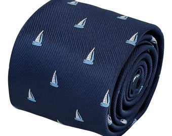 Navy Blue Sailboat Tie, Men's 7cm Sailing Necktie, Yacht Boat Design, Nautical Gift for Him, Sailor Yachting Gift - Frederick Thomas Ties