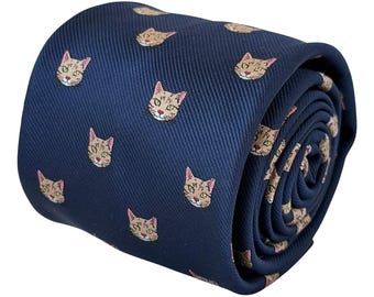 Navy Blue Cat Tie, Cat Lover Gift for Him, Quirky Kitten Necktie, Novelty Animal Tie, Wedding or Office Gift – Frederick Thomas London